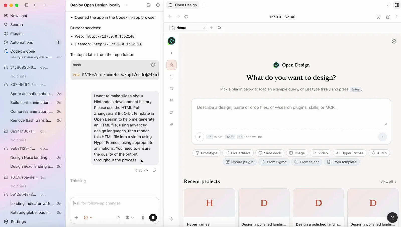 Split screen: the Codex CLI reporting that it deployed and opened OpenDesign locally, next to OpenDesign's home screen running in Codex's in-app browser.